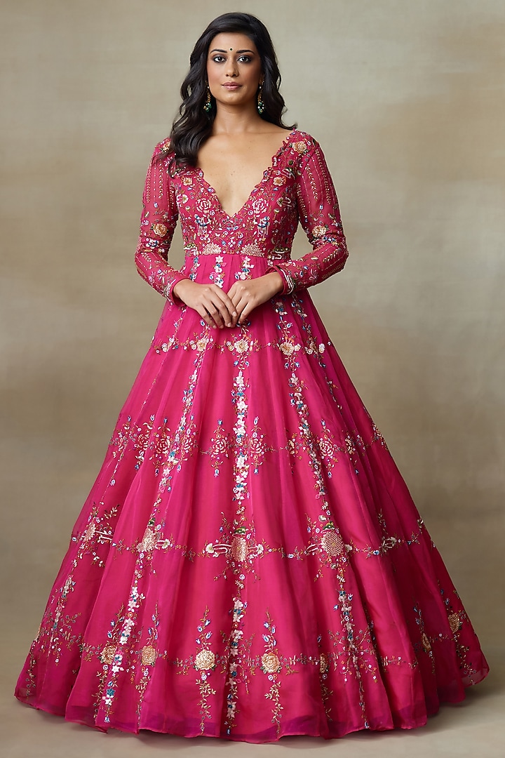Pink Silk Organza Resham Hand Embroidered Bridal Gown by Shasha Gaba at Pernia's Pop Up Shop