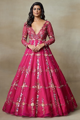 Buy Wine Sequins Embroidered Evening Gown In Georgette With Resham
