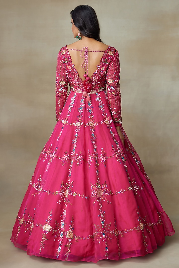 Pink Silk Organza Resham Hand Embroidered Bridal Gown by Shasha Gaba at Pernia's Pop Up Shop