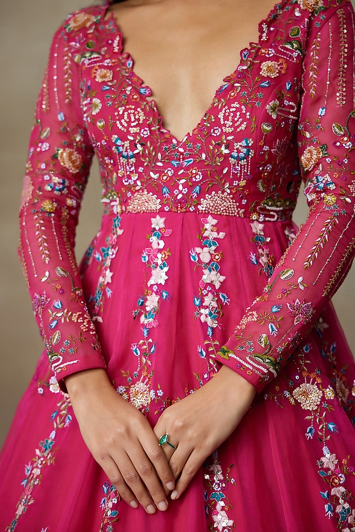 Pink Silk Organza Resham Hand Embroidered Bridal Gown by Shasha Gaba at Pernia's Pop Up Shop