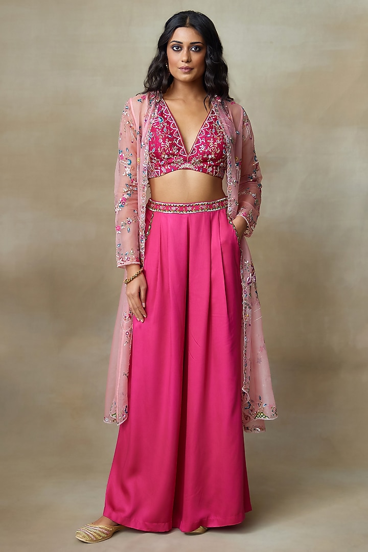Pink Organza Floral Thread Hand Embellished Cape Set by Shasha Gaba at Pernia's Pop Up Shop