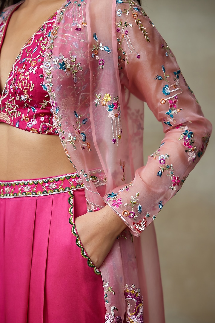 Pink Organza Floral Thread Hand Embellished Cape Set by Shasha Gaba at Pernia's Pop Up Shop