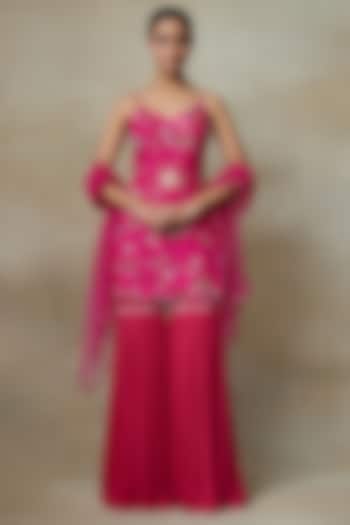 Pink Silk Crepe Sequins Embroidered Pleated Gharara Set by Shasha Gaba at Pernia's Pop Up Shop