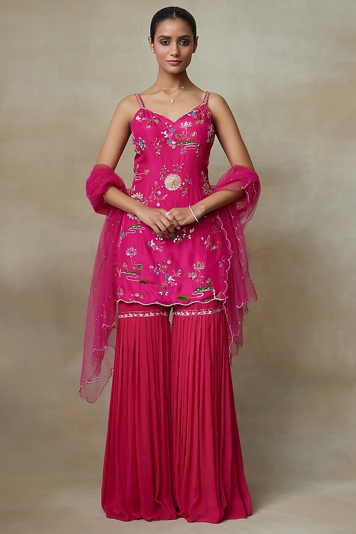 Pink Silk Crepe Sequins Embroidered Pleated Gharara Set by Shasha Gaba at Pernia's Pop Up Shop