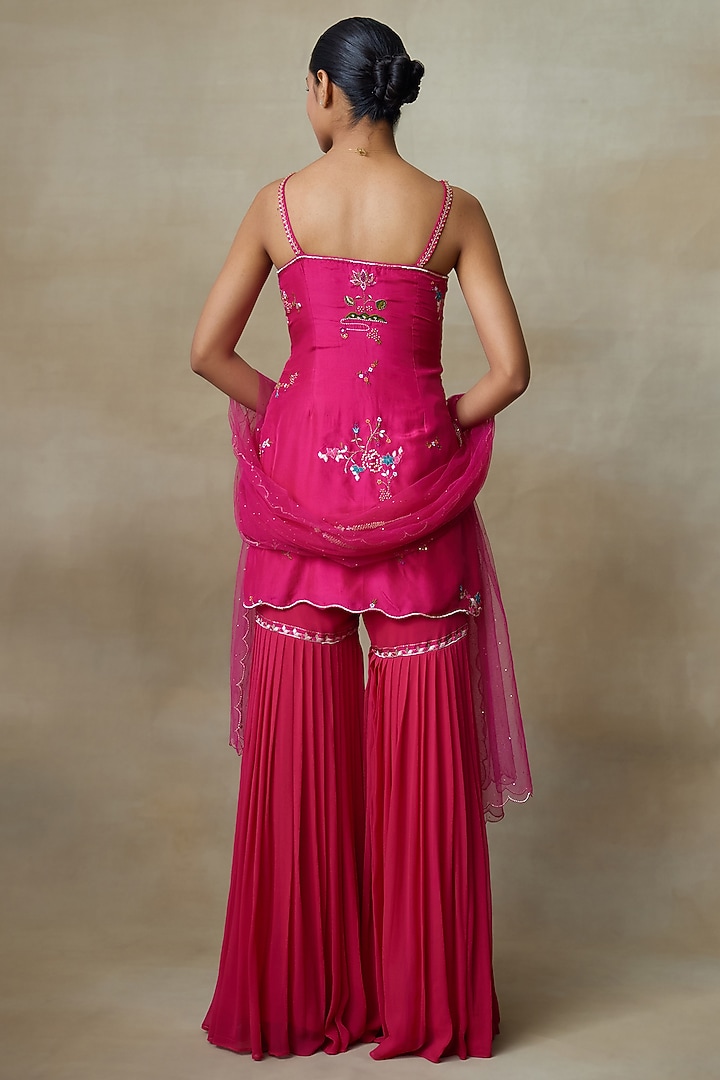 Pink Silk Crepe Sequins Embroidered Pleated Gharara Set by Shasha Gaba at Pernia's Pop Up Shop