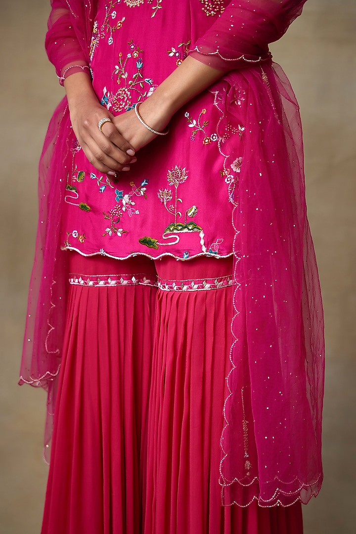 Pink Silk Crepe Sequins Embroidered Pleated Gharara Set by Shasha Gaba at Pernia's Pop Up Shop
