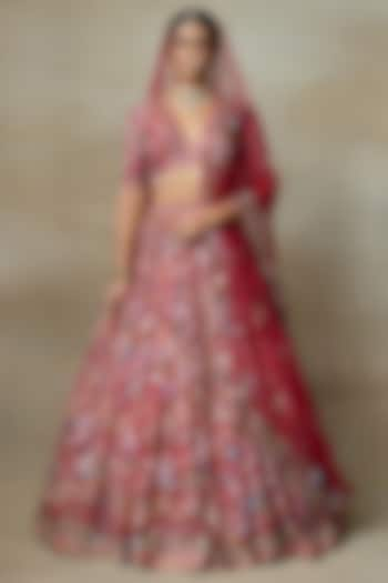 Red Silk Organza Sequins Embellished Bridal Lehenga Set by Shasha Gaba at Pernia's Pop Up Shop