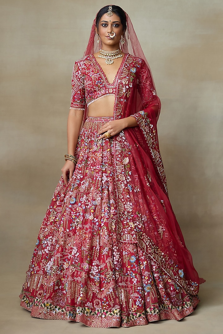 Red Silk Organza Sequins Embellished Bridal Lehenga Set by Shasha Gaba at Pernia's Pop Up Shop