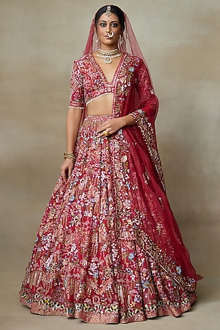 Red Silk Organza Sequins Embellished Lehenga Set by Shasha Gaba