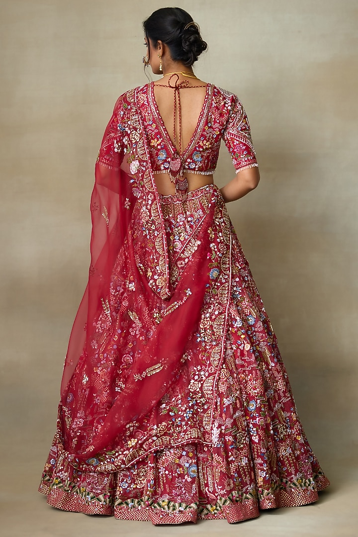 Red Silk Organza Sequins Embellished Bridal Lehenga Set by Shasha Gaba at Pernia's Pop Up Shop