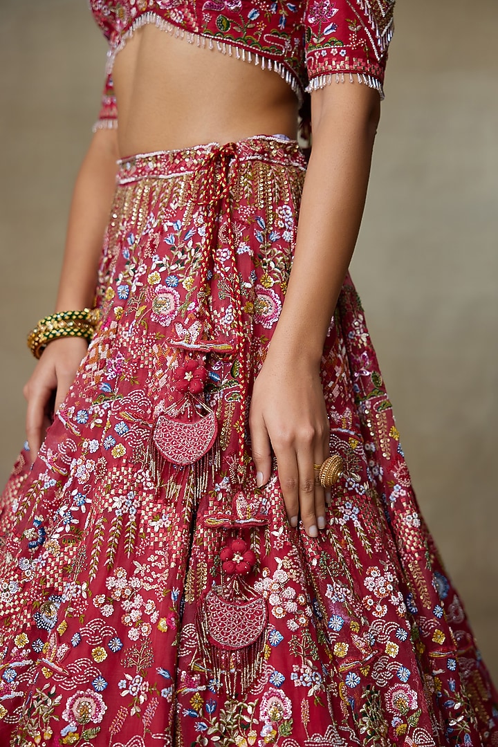 Red Silk Organza Sequins Embellished Bridal Lehenga Set by Shasha Gaba at Pernia's Pop Up Shop