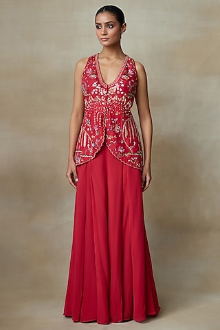 Red Silk Organza Motifs Hand Embroidered Kurta Set by Shasha Gaba