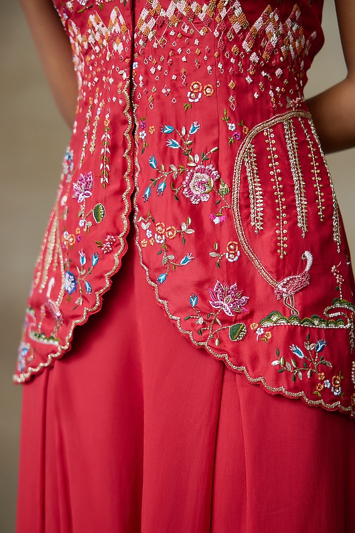 Red Silk Organza Motifs Hand Embroidered Kurta Set by Shasha Gaba at Pernia's Pop Up Shop