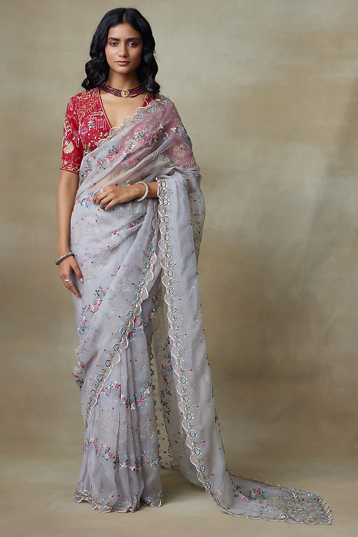 Grey Silk Organza Resham Floral Embroidered Reception Saree Set by Shasha Gaba at Pernia's Pop Up Shop