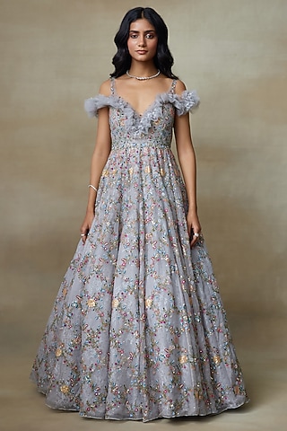Grey Silk Organza & Chantilly Lace Swarovski Hand Embellished Gown by Shasha Gaba