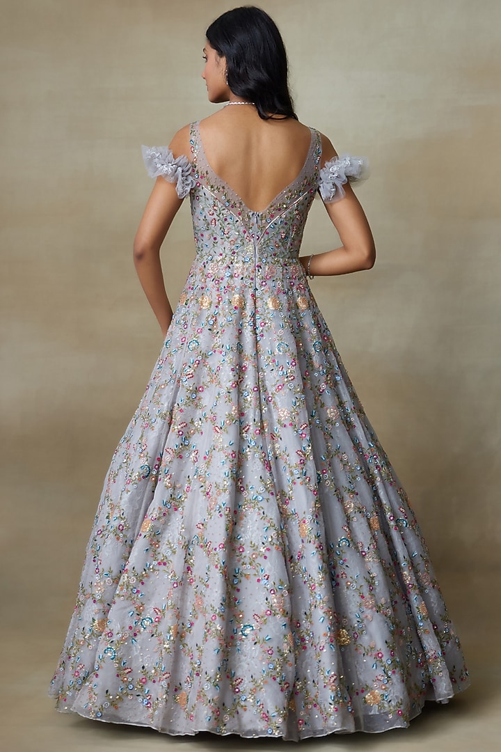 Grey Silk Organza & Chantilly Lace Swarovski Hand Embellished Bridal Gown by Shasha Gaba at Pernia's Pop Up Shop