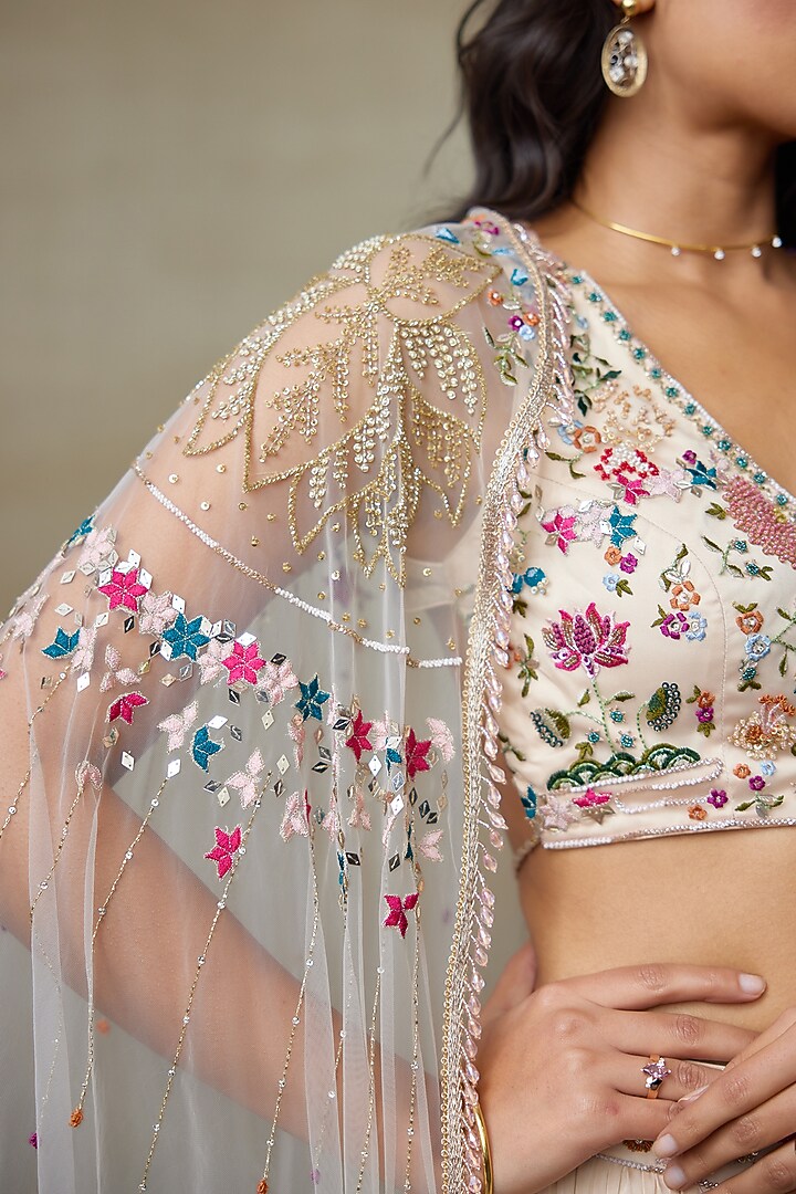 Toosh Satin Pleated Jacket Wedding Lehenga Set by Shasha Gaba at Pernia's Pop Up Shop
