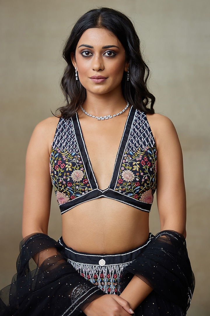 Black Silk Organza Swarovski Embellished Bridal Lehenga Set by Shasha Gaba at Pernia's Pop Up Shop