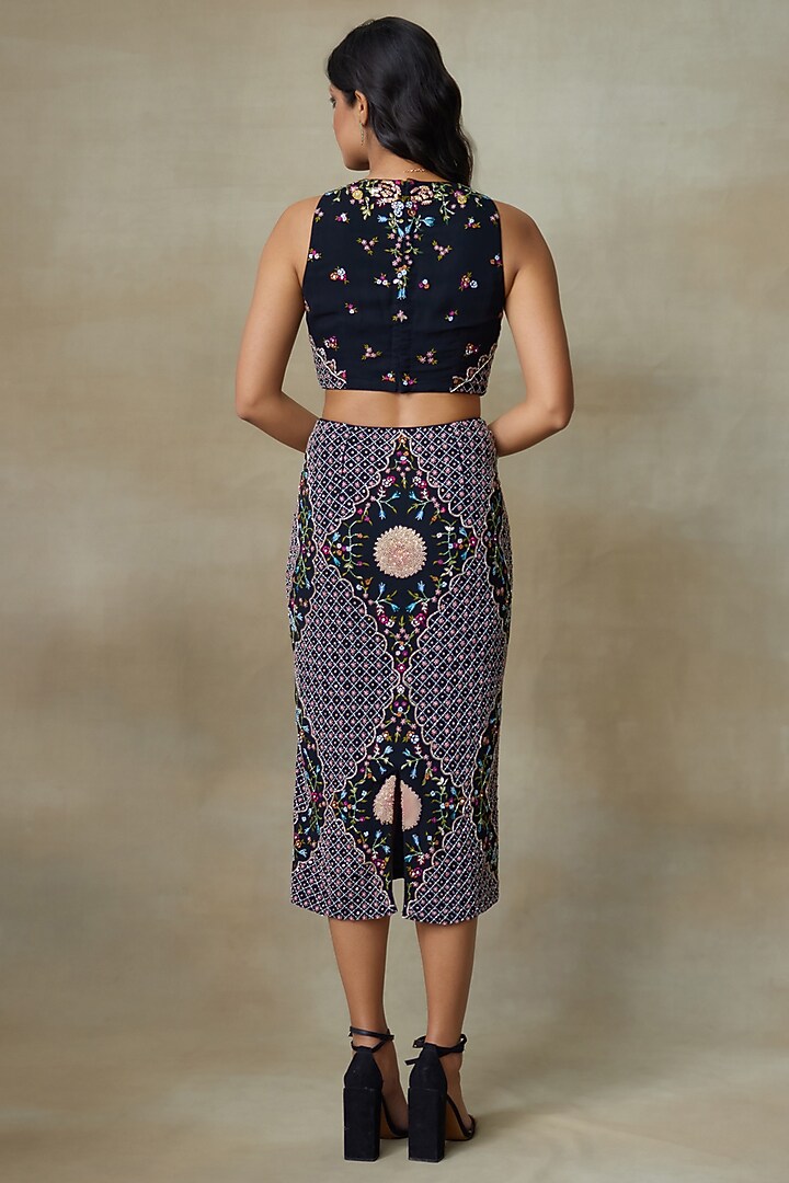 Black Georgette Hand Embellished Skirt Set by Shasha Gaba at Pernia's Pop Up Shop