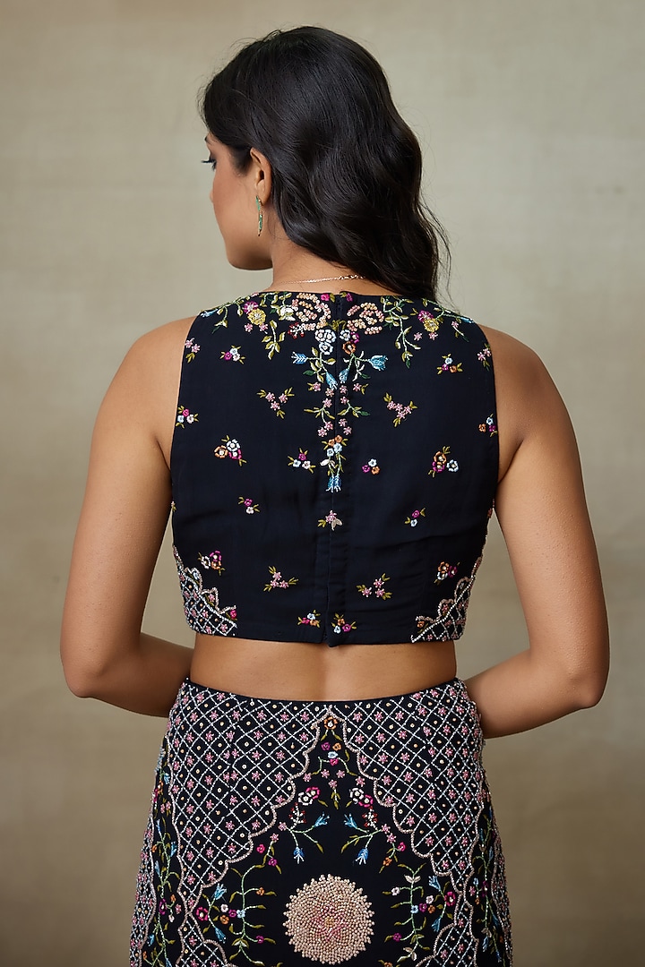 Black Georgette Hand Embellished Skirt Set by Shasha Gaba at Pernia's Pop Up Shop