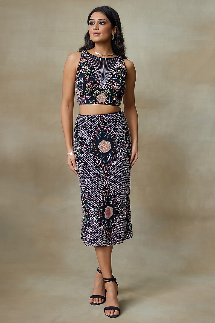 Black Georgette Hand Embellished Skirt Set by Shasha Gaba at Pernia's Pop Up Shop