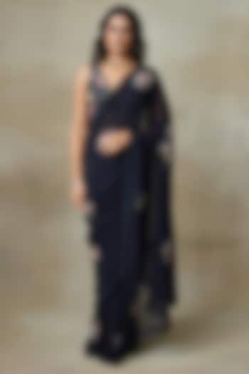 Black Georgette Hand Embellished Saree Set by Shasha Gaba