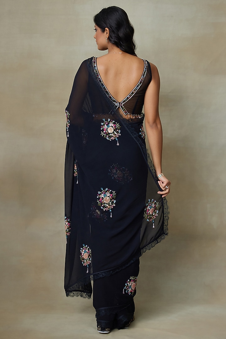 Black Georgette Hand Embellished Wedding Saree Set by Shasha Gaba at Pernia's Pop Up Shop
