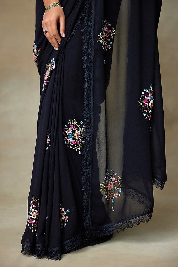 Black Georgette Hand Embellished Wedding Saree Set by Shasha Gaba at Pernia's Pop Up Shop