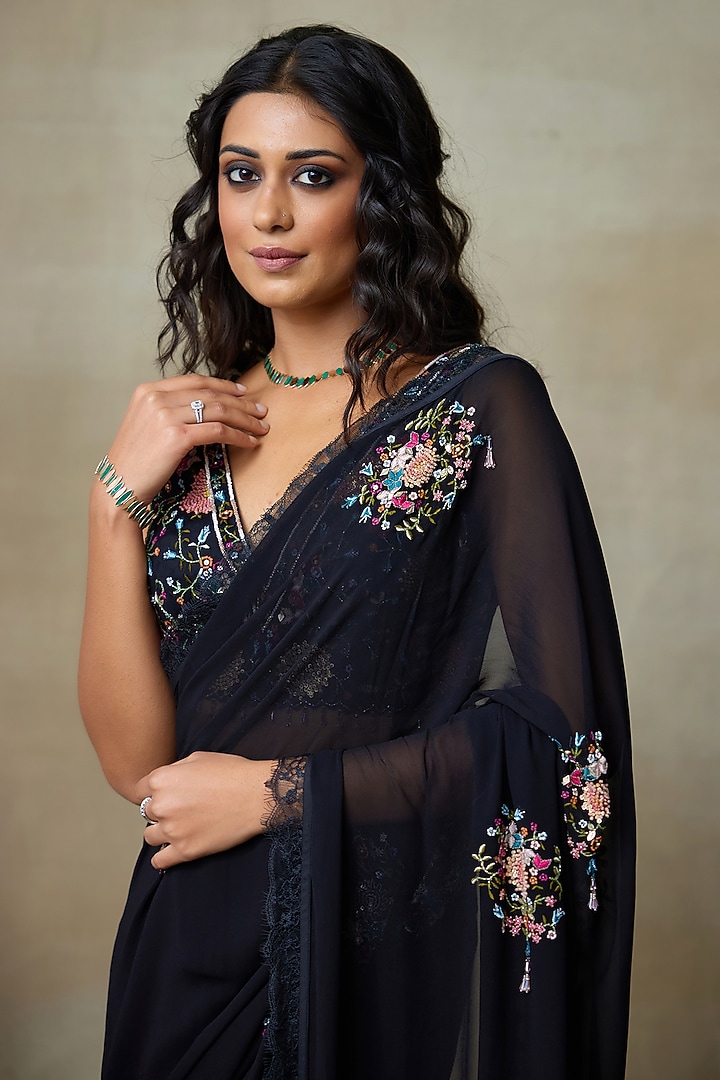 Black Georgette Hand Embellished Wedding Saree Set by Shasha Gaba at Pernia's Pop Up Shop
