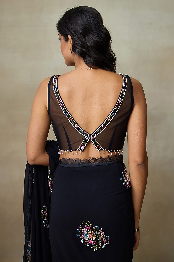 Black Georgette Hand Embellished Wedding Saree Set by Shasha Gaba at Pernia's Pop Up Shop