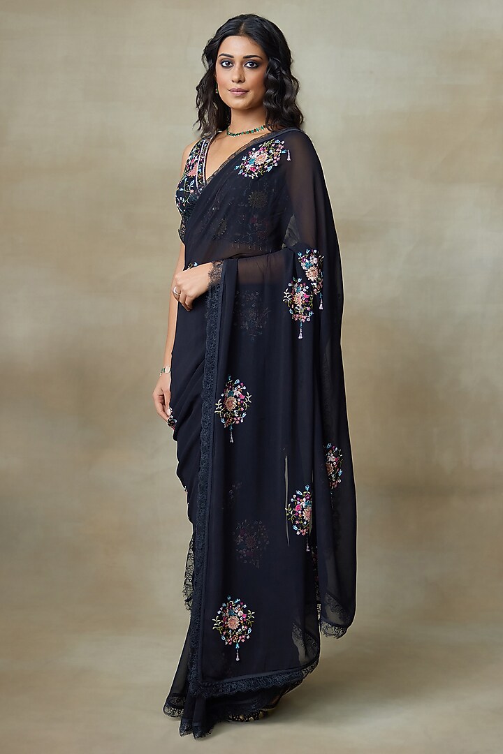 Black Georgette Hand Embellished Wedding Saree Set by Shasha Gaba at Pernia's Pop Up Shop