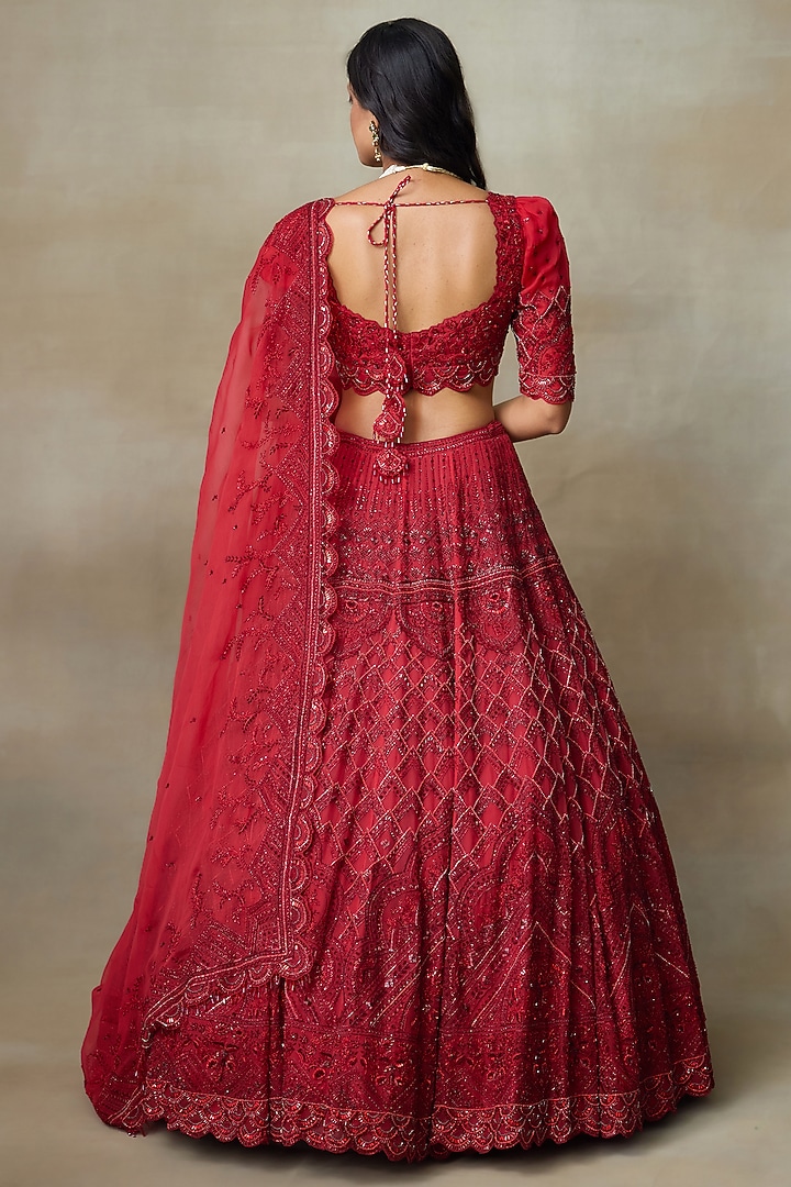 Scarlet Red Silk Organza Swarovski Work Bridal Lehenga Set by Shasha Gaba at Pernia's Pop Up Shop