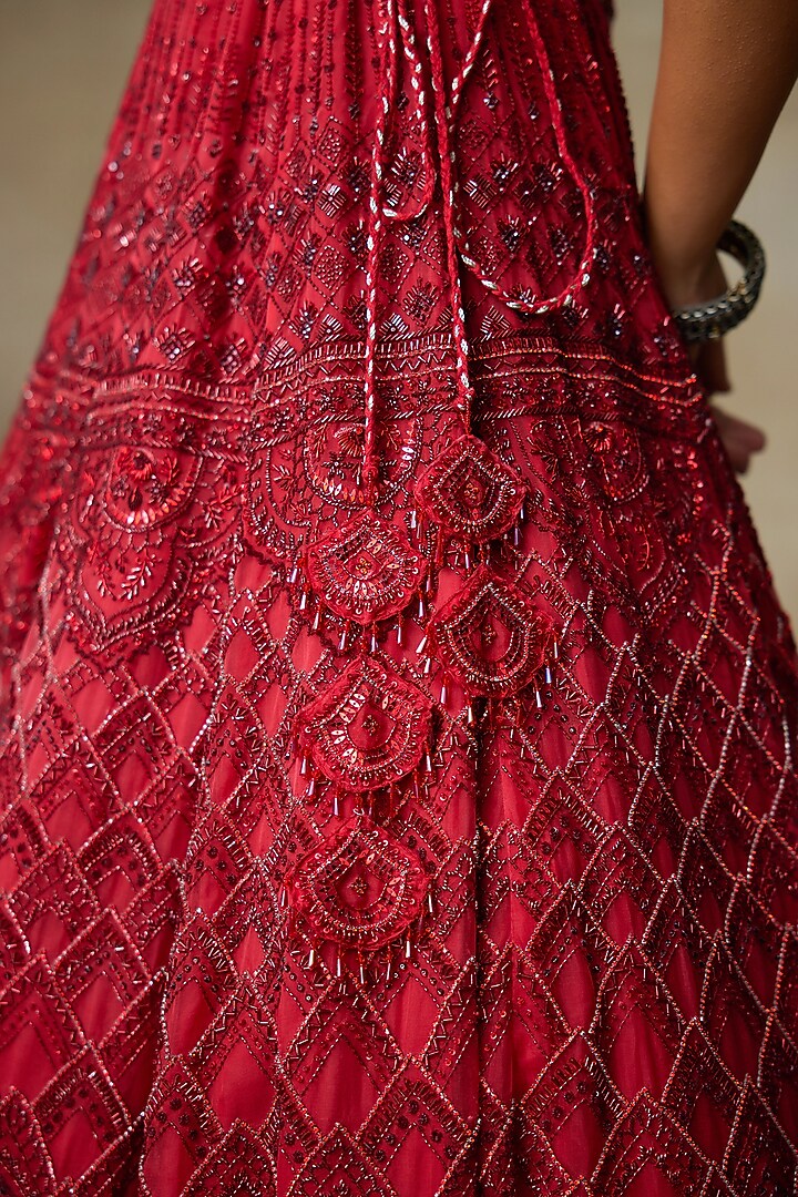 Scarlet Red Silk Organza Swarovski Work Bridal Lehenga Set by Shasha Gaba at Pernia's Pop Up Shop