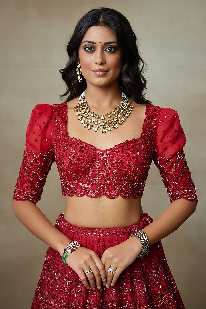 Scarlet Red Silk Organza Swarovski Work Bridal Lehenga Set by Shasha Gaba at Pernia's Pop Up Shop
