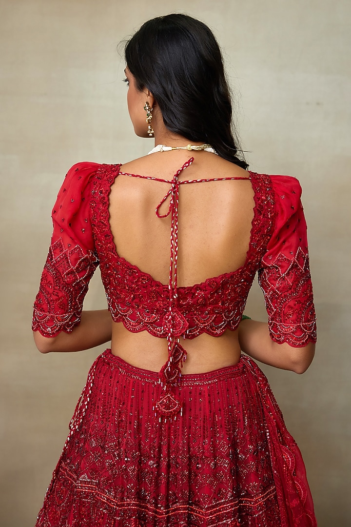 Scarlet Red Silk Organza Swarovski Work Bridal Lehenga Set by Shasha Gaba at Pernia's Pop Up Shop