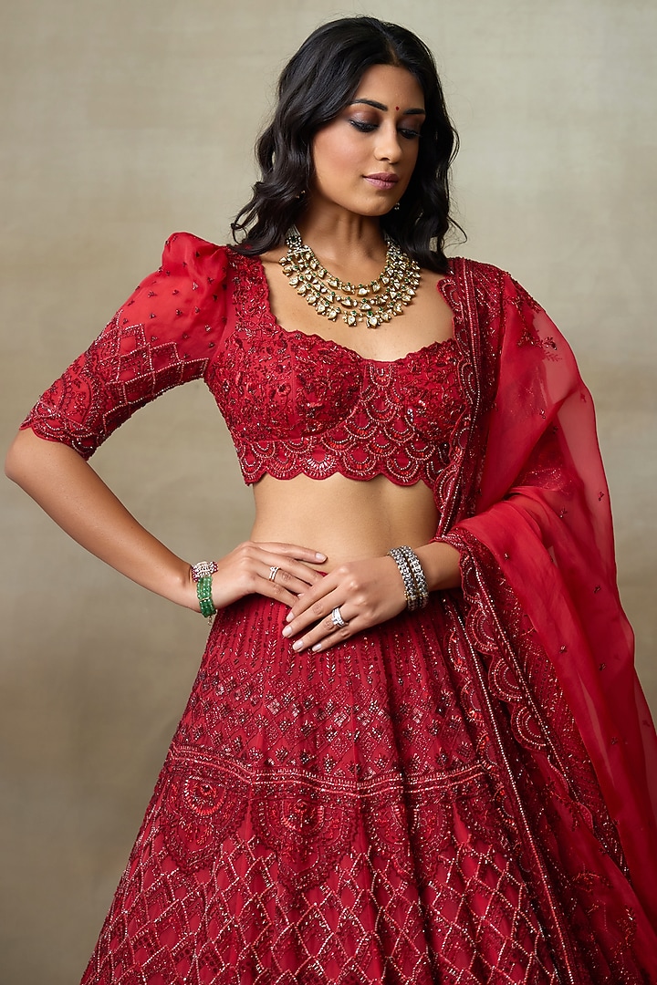 Scarlet Red Silk Organza Swarovski Work Bridal Lehenga Set by Shasha Gaba at Pernia's Pop Up Shop