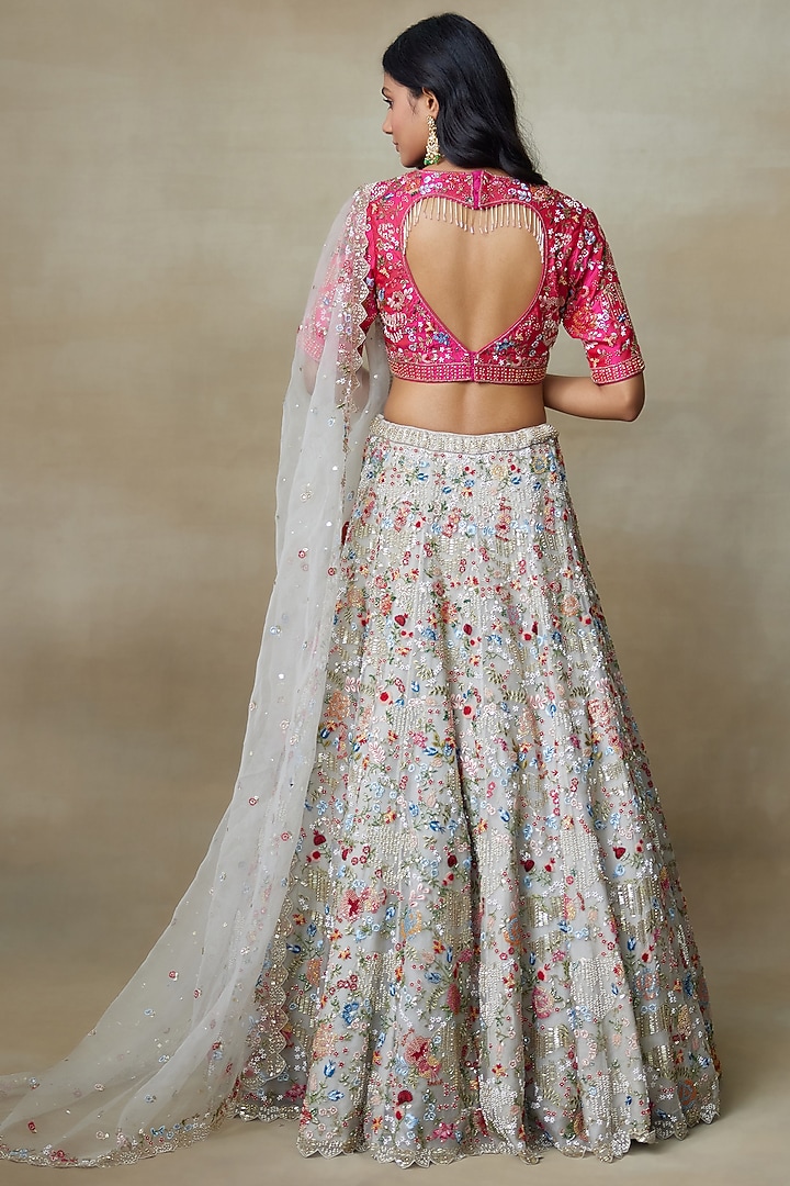 Grey Silk Organza Hand Embellished Bridal Lehenga Set by Shasha Gaba at Pernia's Pop Up Shop