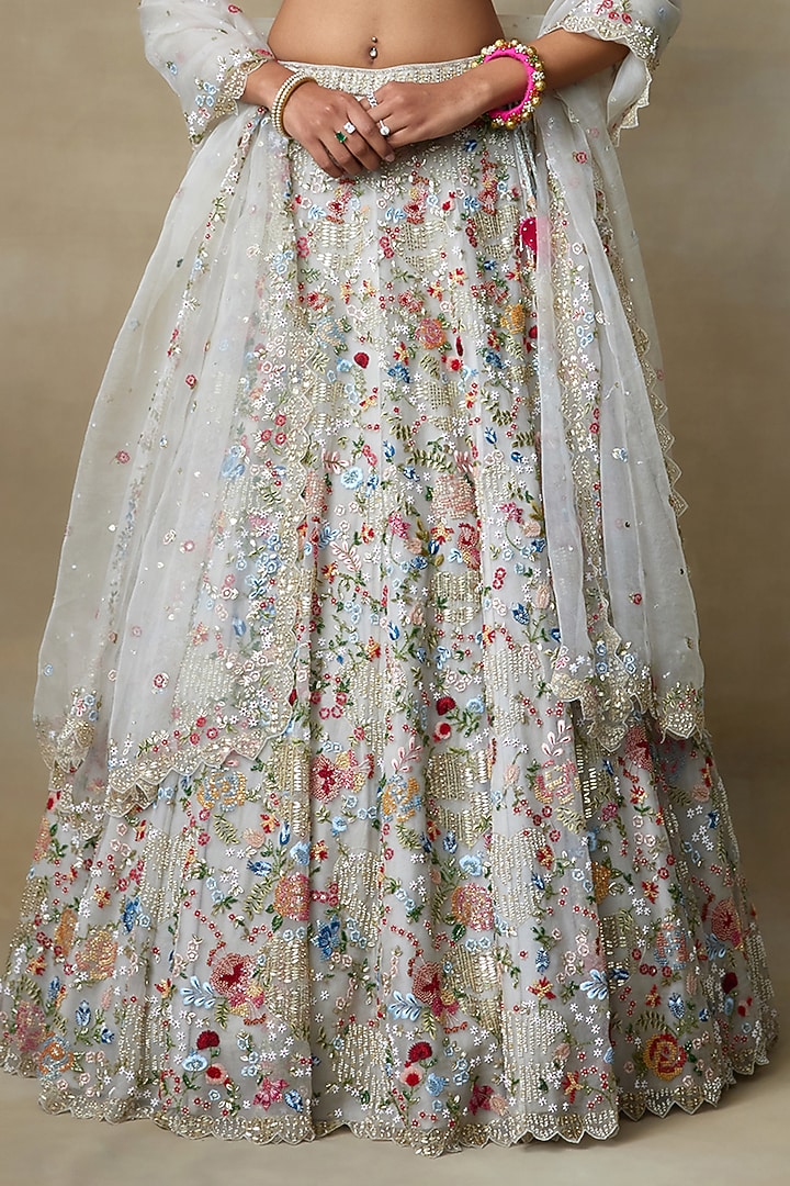 Grey Silk Organza Hand Embellished Bridal Lehenga Set by Shasha Gaba at Pernia's Pop Up Shop