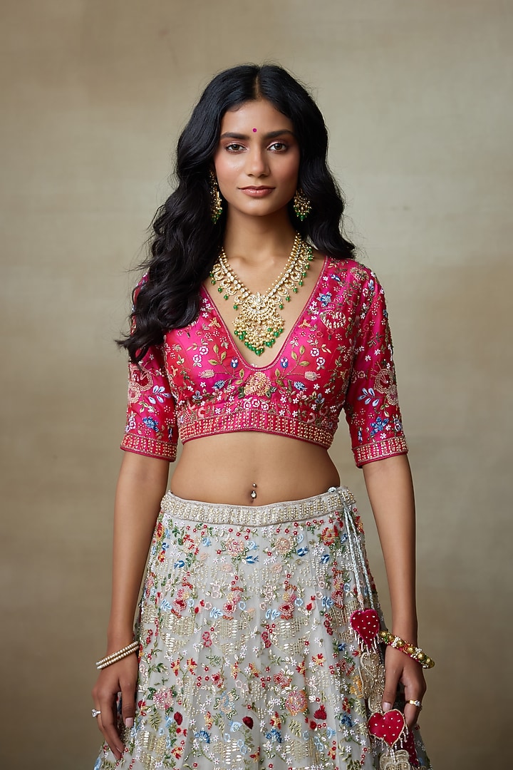 Grey Silk Organza Hand Embellished Bridal Lehenga Set by Shasha Gaba at Pernia's Pop Up Shop