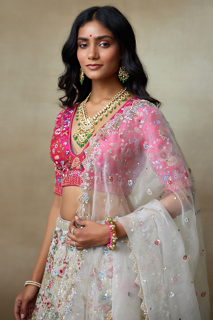 Grey Silk Organza Hand Embellished Bridal Lehenga Set by Shasha Gaba at Pernia's Pop Up Shop
