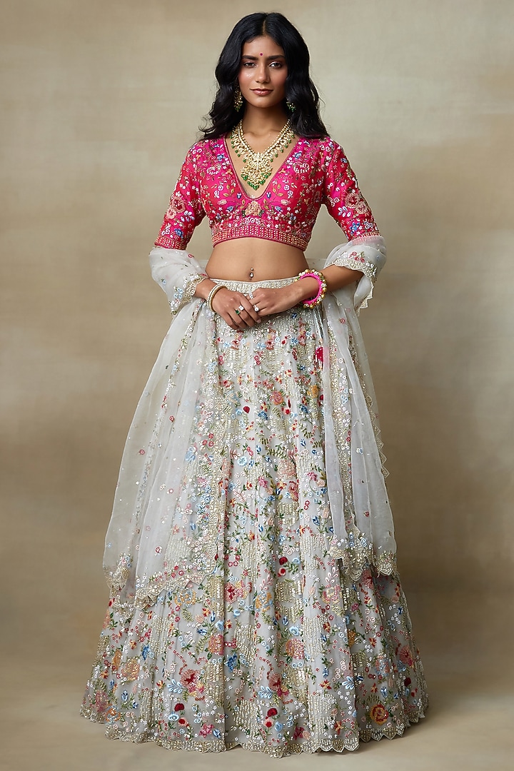 Grey Silk Organza Hand Embellished Bridal Lehenga Set by Shasha Gaba at Pernia's Pop Up Shop