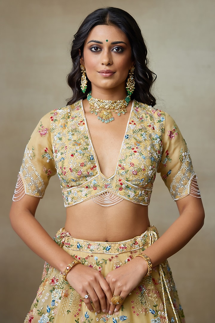 Yellow Silk Organza Hand Embellished Bridal Lehenga Set by Shasha Gaba at Pernia's Pop Up Shop