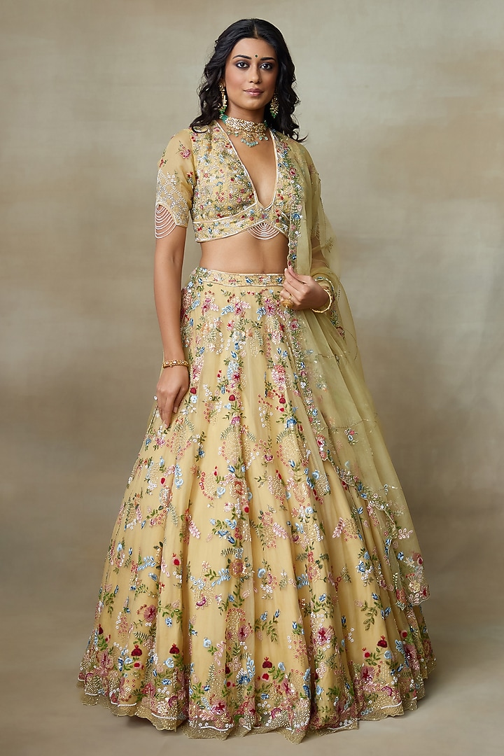 Yellow Silk Organza Hand Embellished Bridal Lehenga Set by Shasha Gaba at Pernia's Pop Up Shop