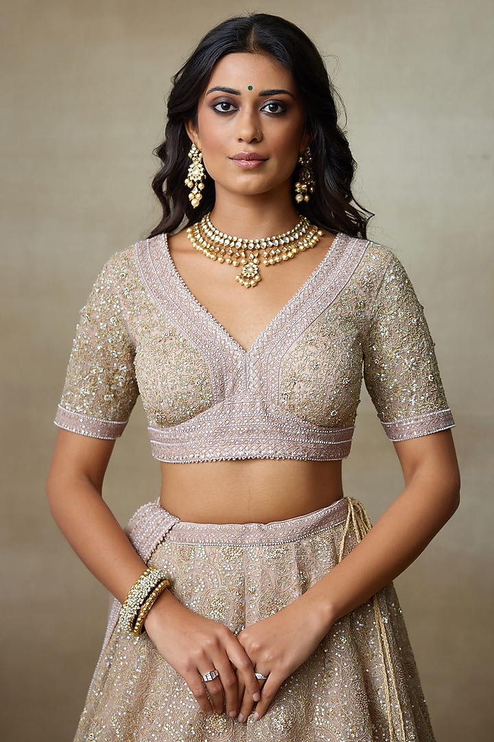 Rose Pink & Nude Swarovski Embellished Bridal Lehenga Set by Shasha Gaba at Pernia's Pop Up Shop