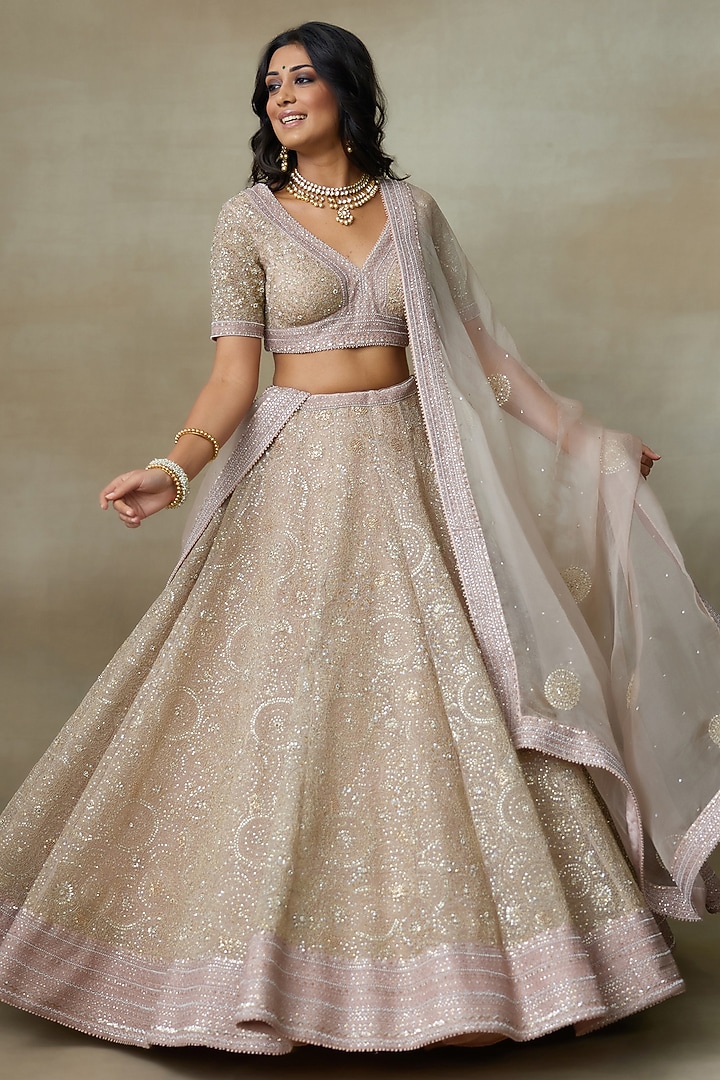 Rose Pink & Nude Swarovski Embellished Bridal Lehenga Set by Shasha Gaba at Pernia's Pop Up Shop