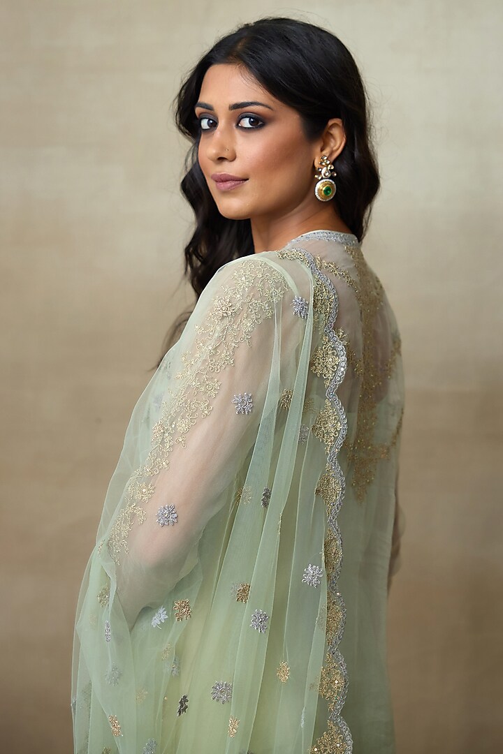 Mint Green Silk Organza Embroidered Kurta Set by Shasha Gaba at Pernia's Pop Up Shop
