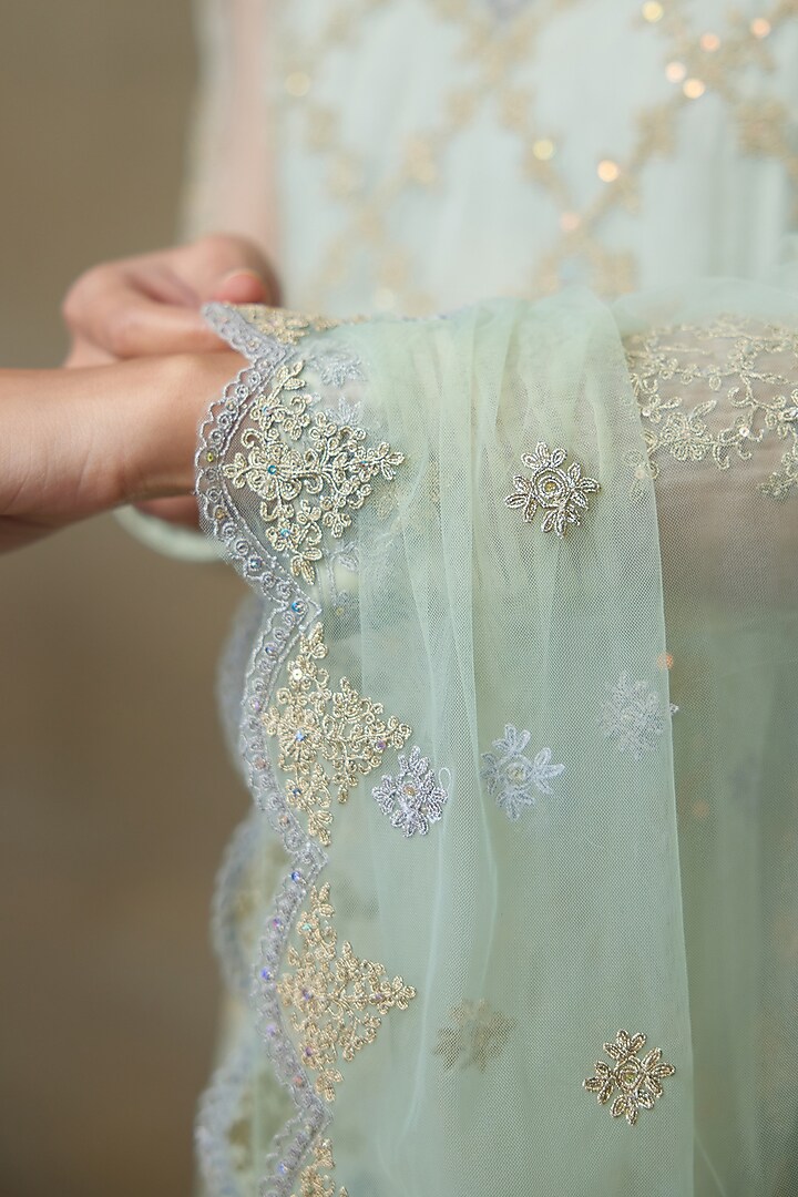 Mint Green Silk Organza Embroidered Kurta Set by Shasha Gaba at Pernia's Pop Up Shop