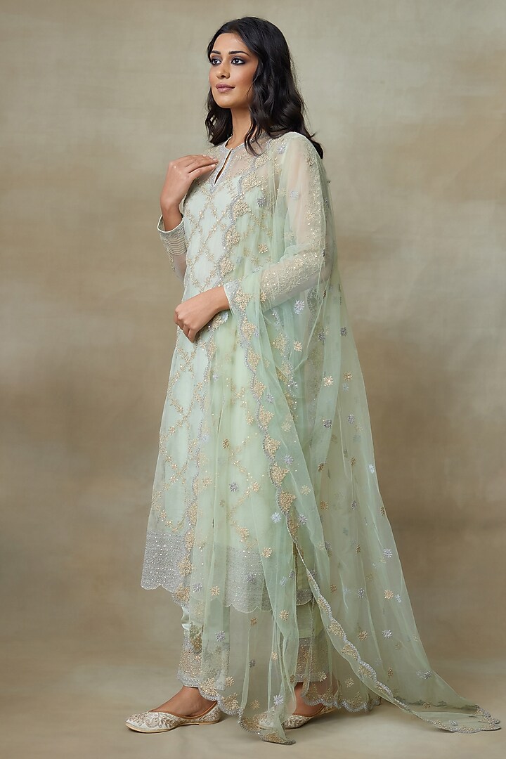 Mint Green Silk Organza Embroidered Kurta Set by Shasha Gaba at Pernia's Pop Up Shop