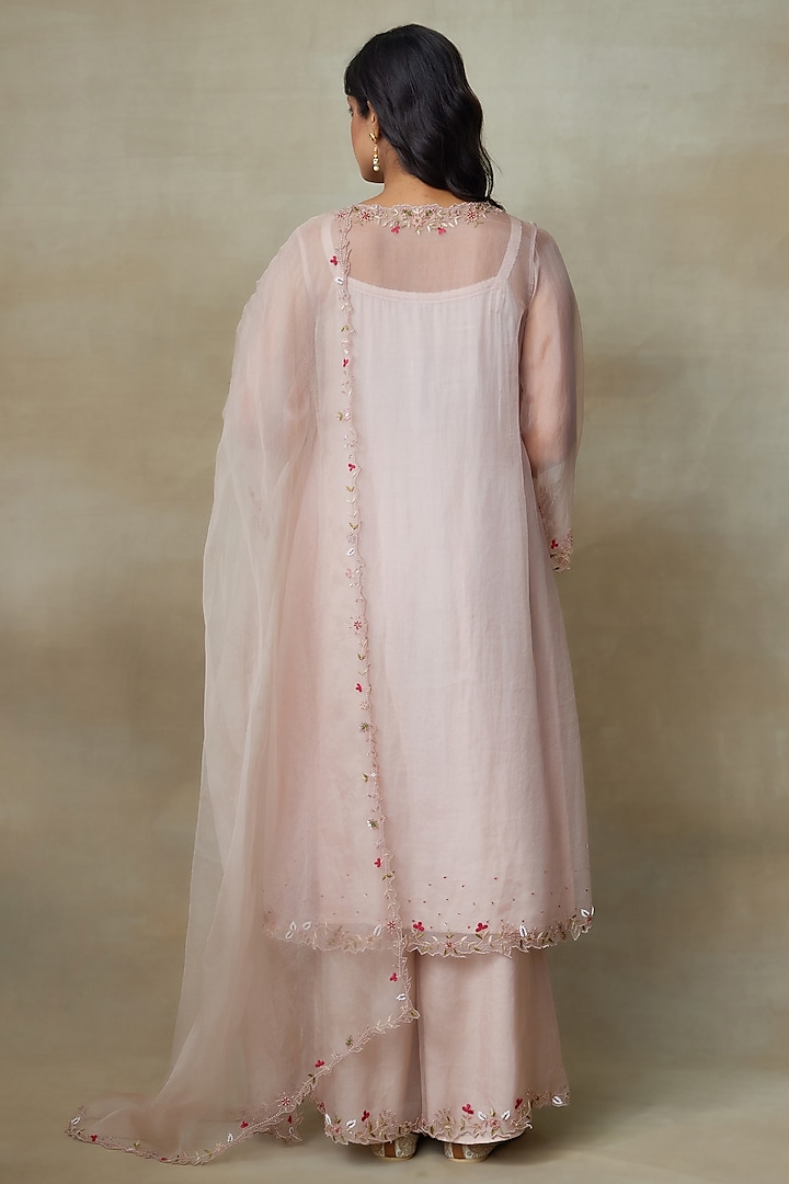 Blush Pink Silk Organza & Shantoon Resham Embroidered Kurta Set by Shasha Gaba at Pernia's Pop Up Shop