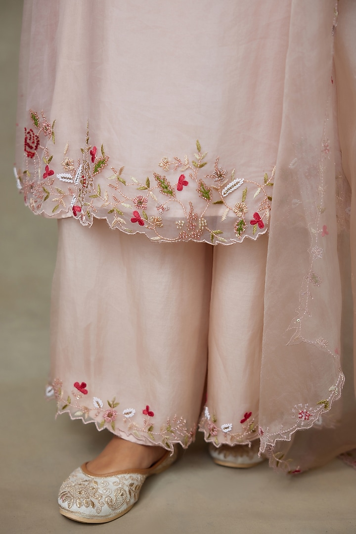 Blush Pink Silk Organza & Shantoon Resham Embroidered Kurta Set by Shasha Gaba at Pernia's Pop Up Shop